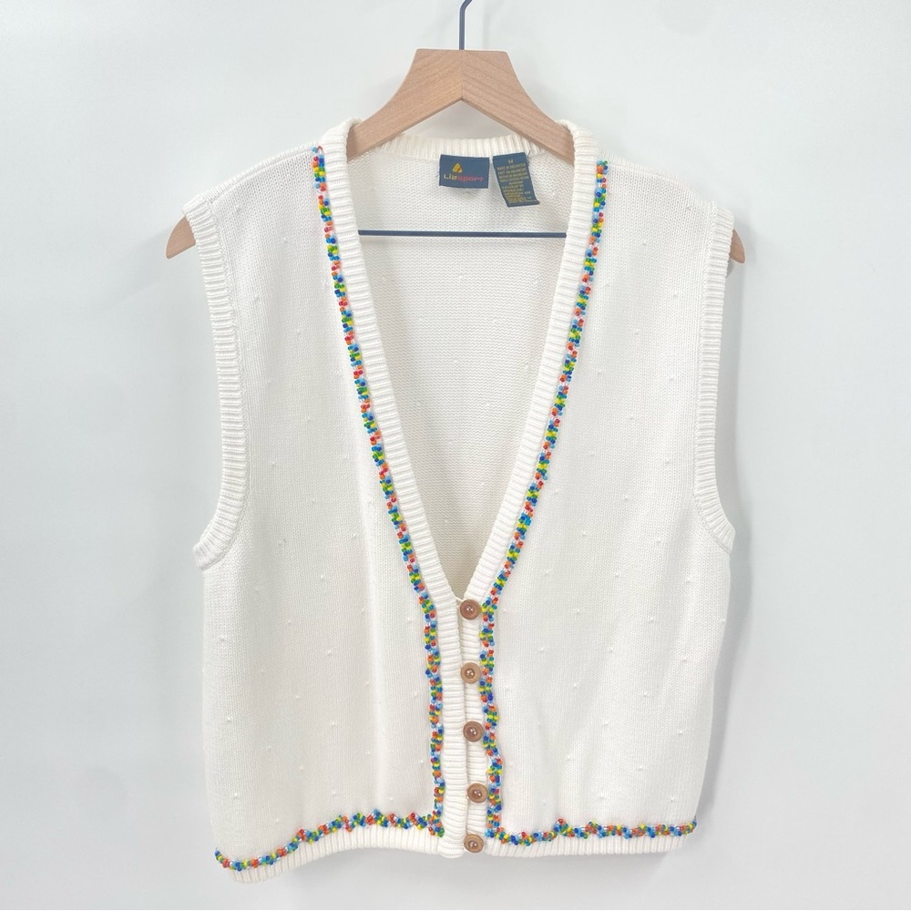 Liz sport Vintage White Knit Sweater Vest‎ with Colorful Beaded Trim Medium